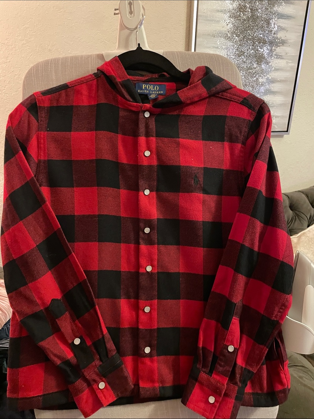 Polo by Ralph Lauren Red and Black Buffalo Check Hooded Button-Down Shirt